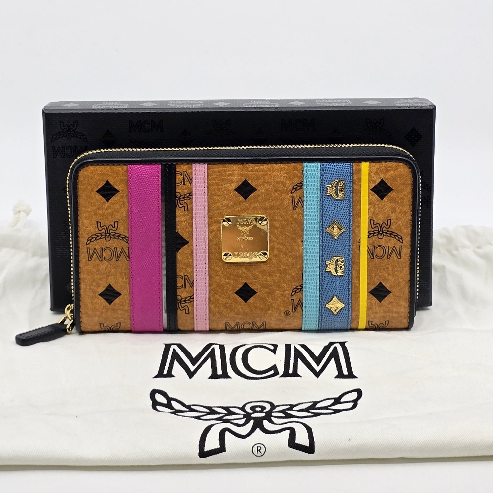 MCM Visetos Striped Zip Around Wallet